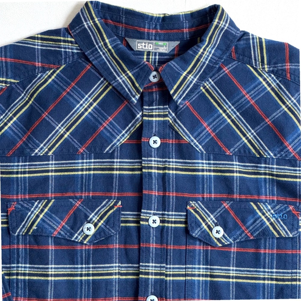 Stio Hutkeeper Heavyweight Flannel Shirt Mens Large Navy Blue Plaid Western Yoke